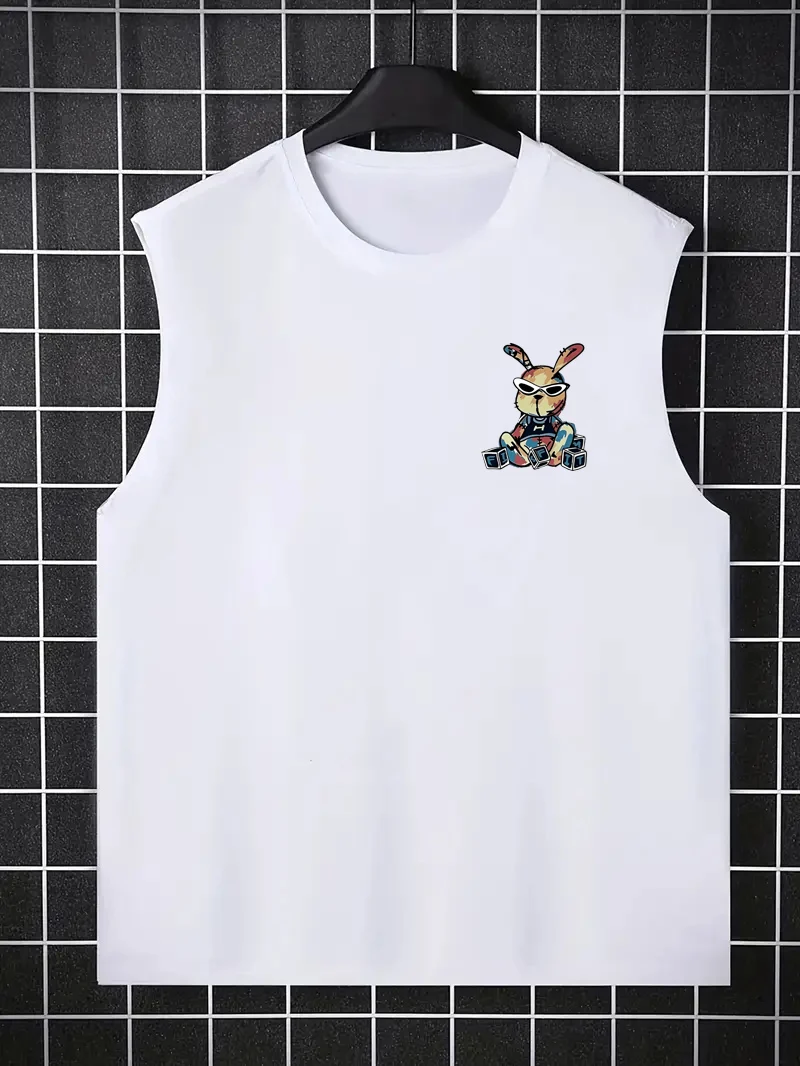 Canotta senza maniche con collo rotondo, comoda e traspirante, da uomo, per il tempo libero, sportiva, fitness, allentata, modello di coniglio cartone animato stampato