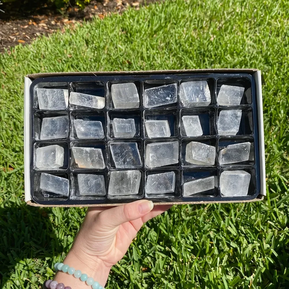 Venta al por mayor de Calcita Óptica Natural Transparente en Cubo, Laja de Esparto Islandés, Piedra Natural, Cristales Energéticos en Bruto, Minerales, Piedras Curativas