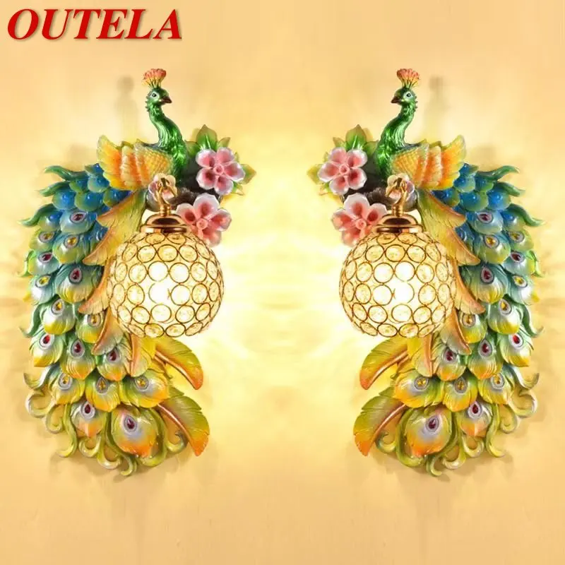 

OUTELA Modern Peacock Wall Lamp LED Nordic Interior Creative Resin Sconce Light for Home Living Room Bedroom Decor