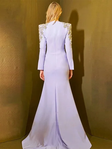 Imagen 2 del producto Alta calidad elegante nueva moda Jersey con cuello en V 2025 Vestido de fiesta de diseñador Vestido largo dividido con cuentas de diamantes para mujer