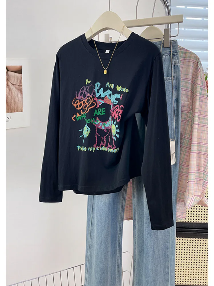 Artistic Graffiti Print Long Sleeve round Neck T-Shirt Lightweight Breathable Casual Base Shirt Trendy Top for Women