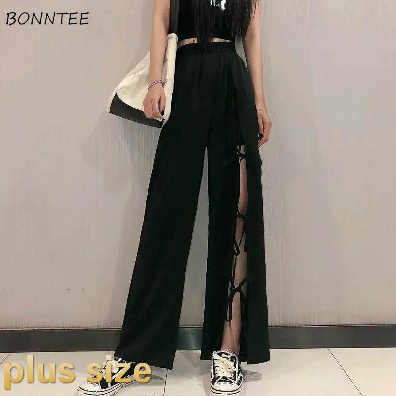 Pants Women Tender Split Chic Bow Bandage Korean Style Solid Wide Leg High Waist New Arrival Summer Womens Vintage Streetwear