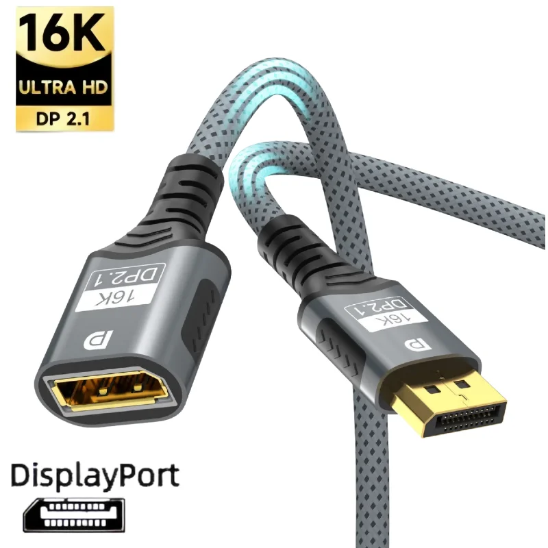 16K DisplayPort 2.1 Extension Cable 54Gbps High Refresh Rate  8K@60Hz 4K@240Hz 2K@360Hz for PC TV Laptop Monitor DP 2.1 Extender