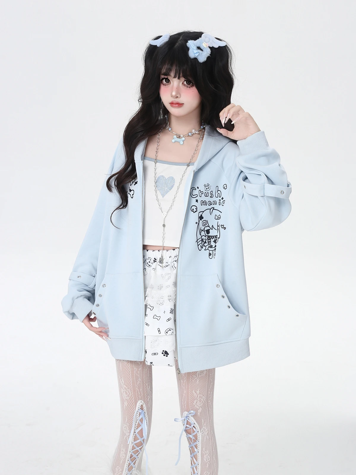 Streetwear Sweet Cool Girl Y2K Hoodies Cute Cartoon Print Zipper Long Sleeve Loose Casual Versatile Sweatshirts Jackets Women