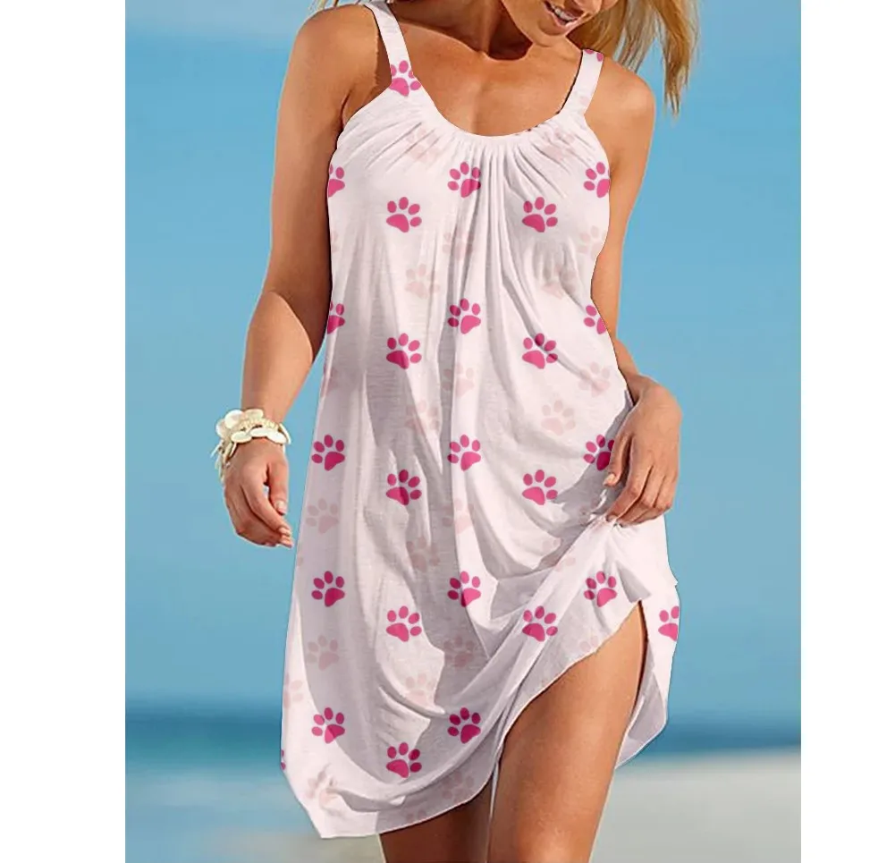Sommer Hund Pfote Boho Strand Kleid 3D Druck Frauen Mode Ärmellose Kleider Hawaii Casual Vintage Beachwear Mädchen Sling Nacht Kleid