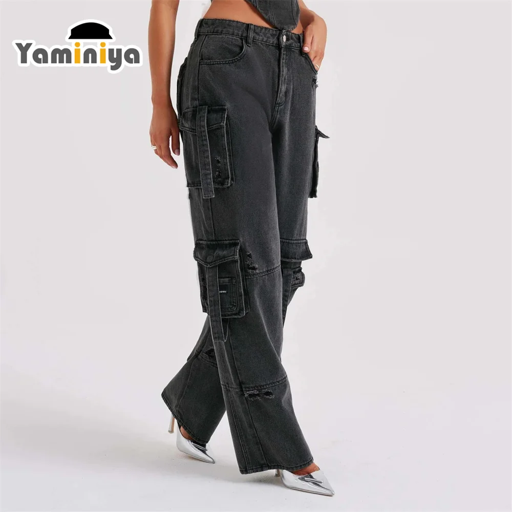 Yaminiya Autumn Women's More Than A Pocket Straight Jeans Cargo Pants Lace Up American Street Style  Y2k Fashion 2024 New