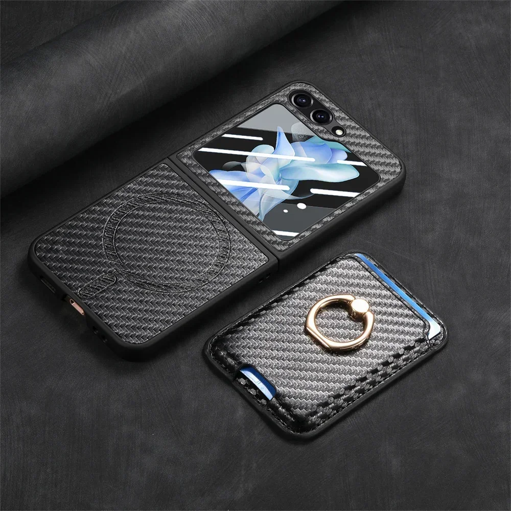 Magnetic Wallet Phone Case for Samsung Galaxy Z Flip 7 FE 6 5 4 PU Leather Cover Detachable Carbon Fiber Card Screen Protector
