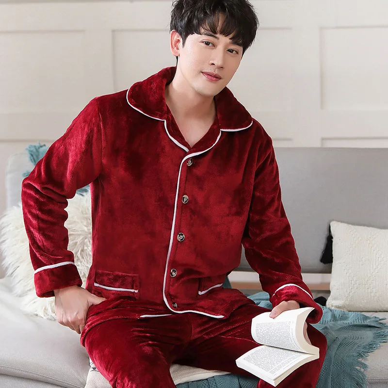 Autumn Winter  Pajamas Men\'s Long Sleeve Coral Velvet New Plush and Thick Home Suit Set Comfortable Warm Daily Wear  Pijama