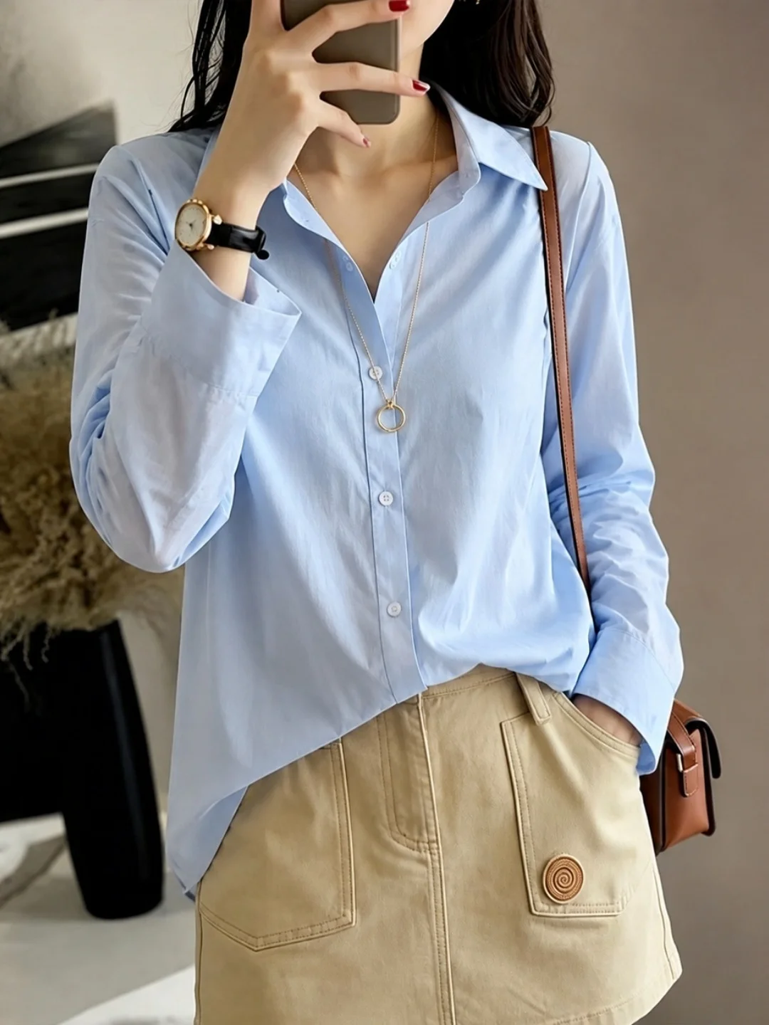 Elegant Commuter Single-Button Long-Sleeve Women's Shirt Fashionable Unique Style Korean Straight Cut Silk Top for Autumn