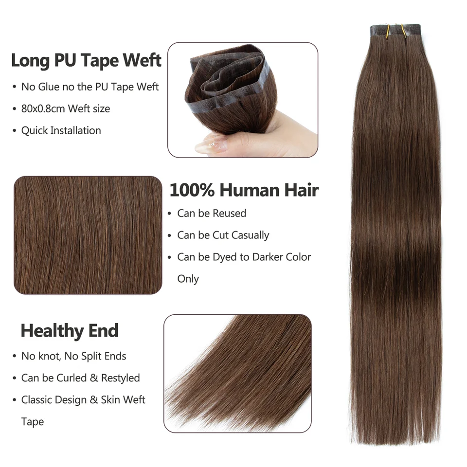 Sin pegamento costuras invisibles PU extensiones de cabello humano suave piel amigable material ligero 16 pulgadas 40g mechones naturales para mujeres aumentando volumen y longitud 2