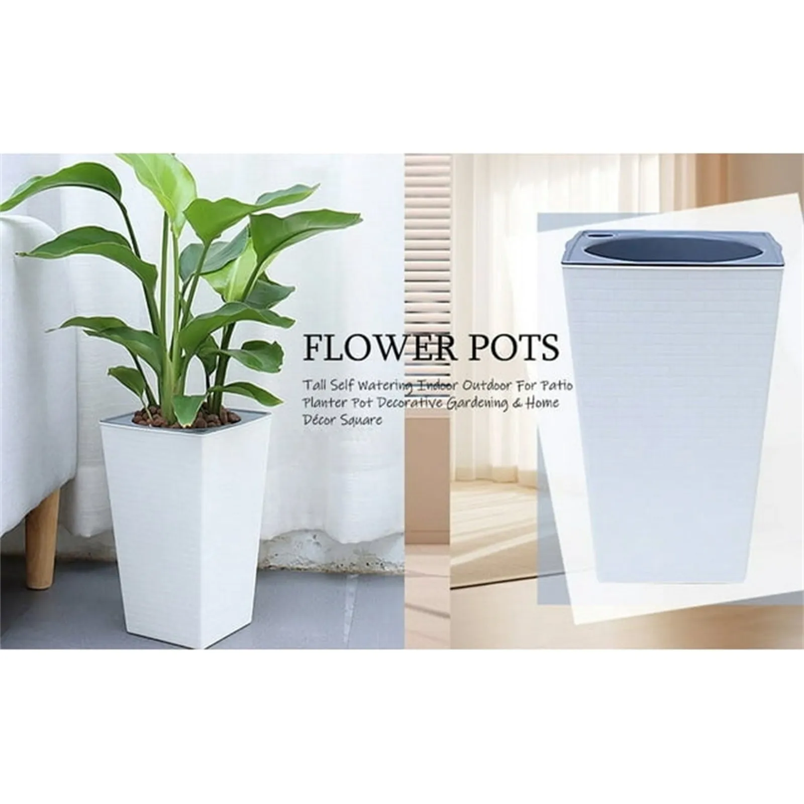 Square Plastic Planter Self Watering Lazy Flower Pot Decorative Indoor Outdoor Plant Container with Textured Design