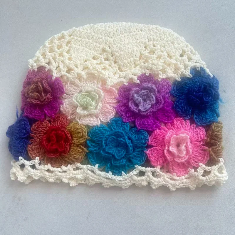 Women Hand Crochet Floral Beanie Hat 3D Colorful Rose Knit Hat Vintage Hollow Out Soft Warm Skull Cap Bohemian Outdoor Daily Hat