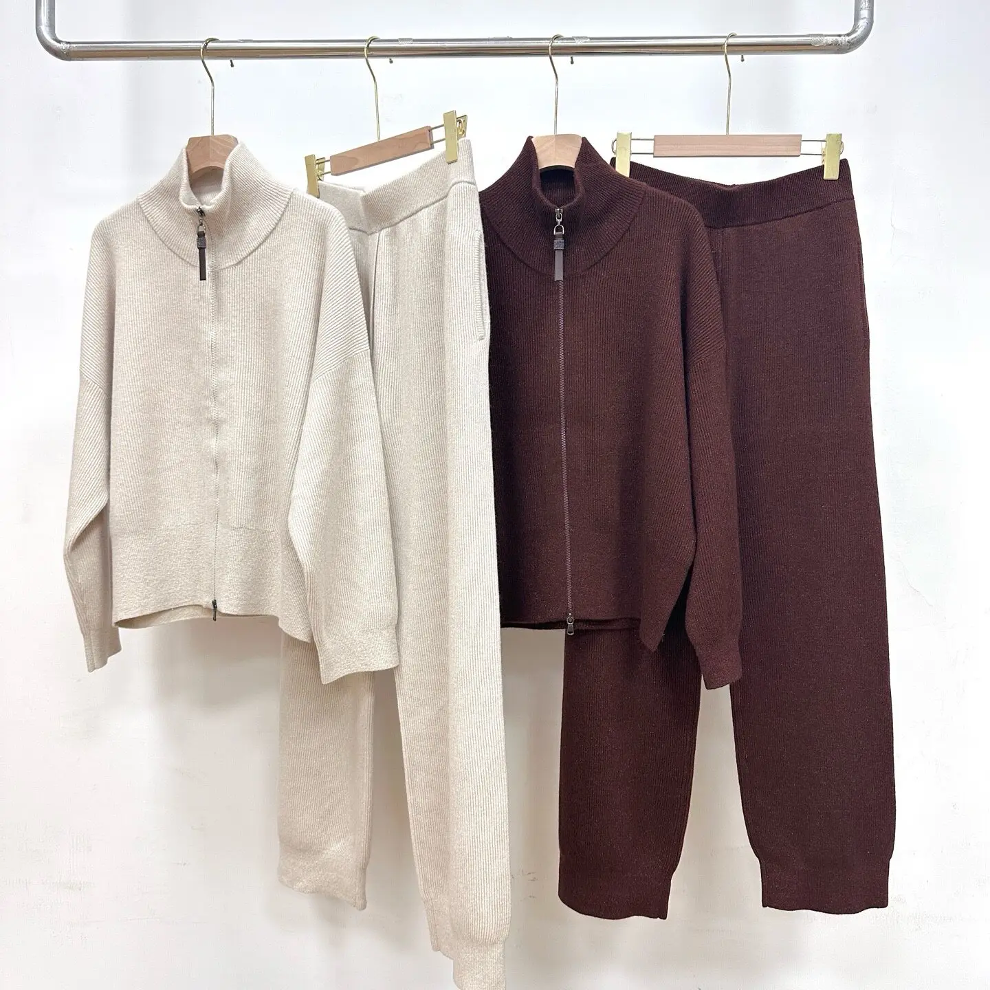 2026 Autumn Winter New Women's Shiny Silk Lapel Double Zipper Cardigan With Straight Leg Pants Knit Sweater Set