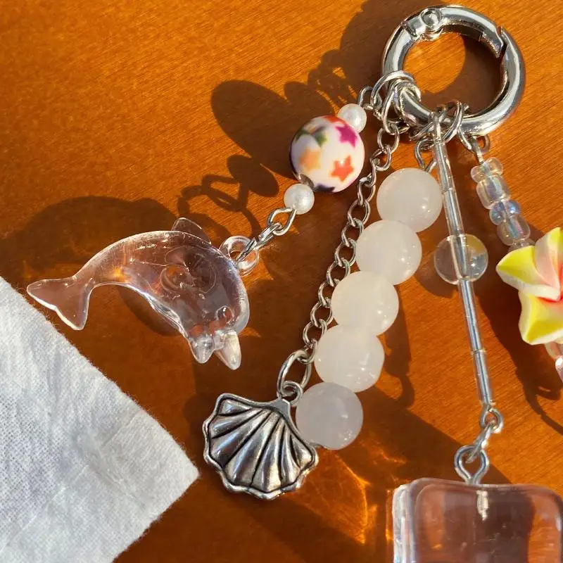 1 Stück süßer Retro-Delfin-Spitzenblumen-Taschenanhänger, Y2K Sommer-Strand-Insel-Ozean-Quasten-Schlüsselanhänger, Handy-Lanyard, Rucksack- und Handtaschen-Dekoration – Detail 7