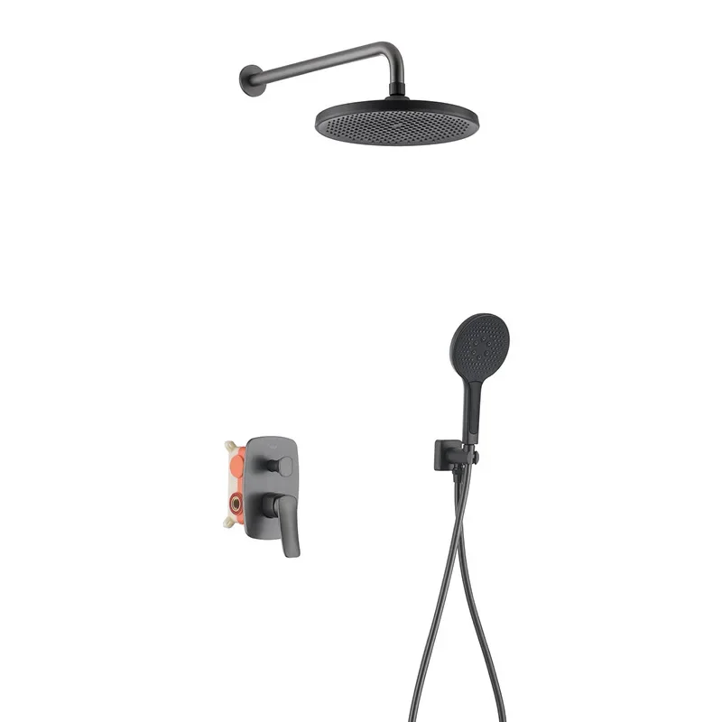 

Light luxury all-copper wall-mounted concealed shower gun gray hidden embedded pre-embedded hot and cold shower set