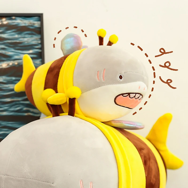 Super Cute Stuffed Soft Shark Doll Funny Shark & Bee Plush Toy Throw Pillow Interesting Cushion Birthday Xmas Gift for Friends