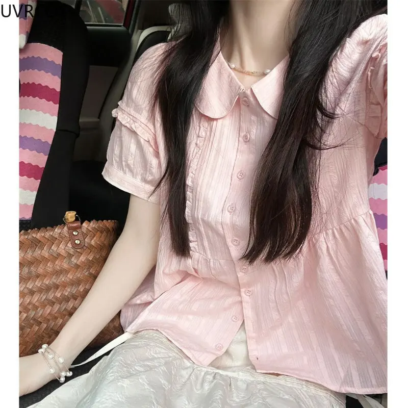 Pink Japanese Sweet Women Shirt Kawaii Cute Pleated Pan Collar Short Sleeve Lolita Blouses Y2k Aesthetic Fashion Blusas De Mujer