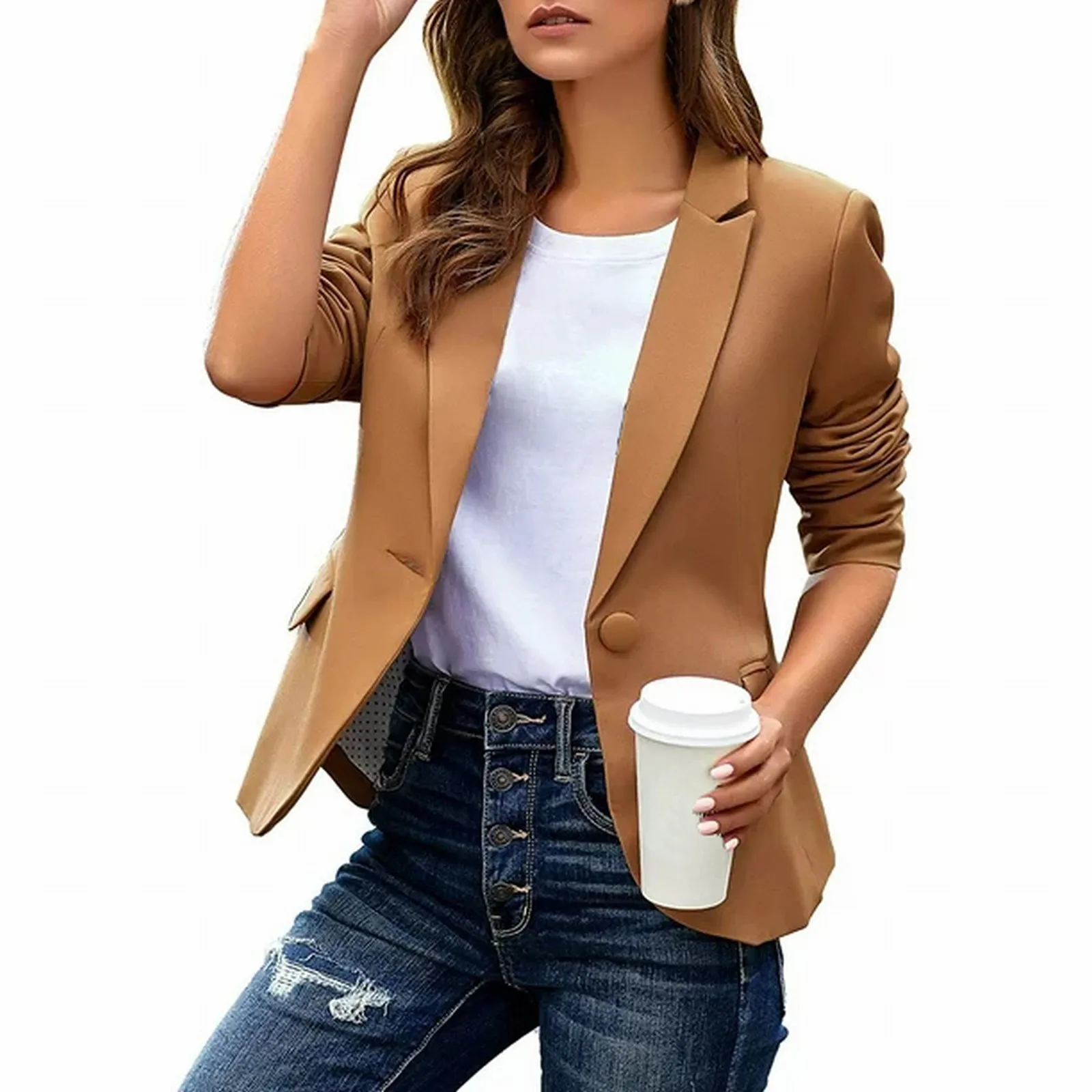 2024 New Women'S Casual Solid Color Suit Jacket One Button Lapel Keep Warm Slim Loose Long Sleeve Fashion Business Suit Coat