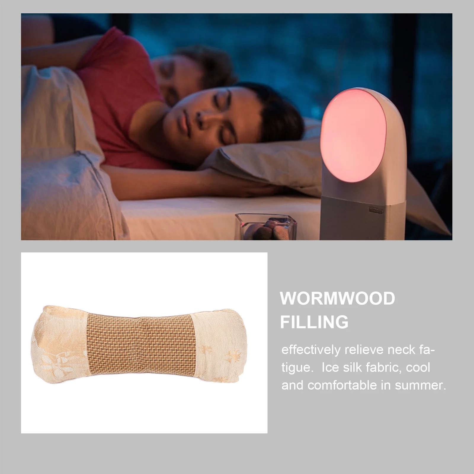 

Natural Wormwood Filled Neck Roll Pillow Cool Comfortable Ice Silk Fabric Ergonomic Cervical Support Lumbar Pillow