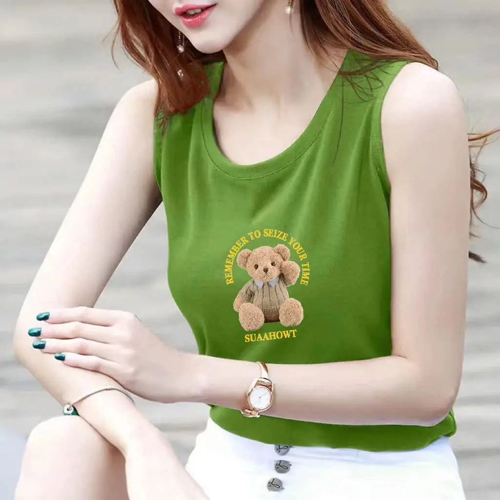 00% Pure Cotton Svel round Ne Printed Loose Tank Top Women's Summer Outerwear Casual Comfortable Korean Sle T-irt