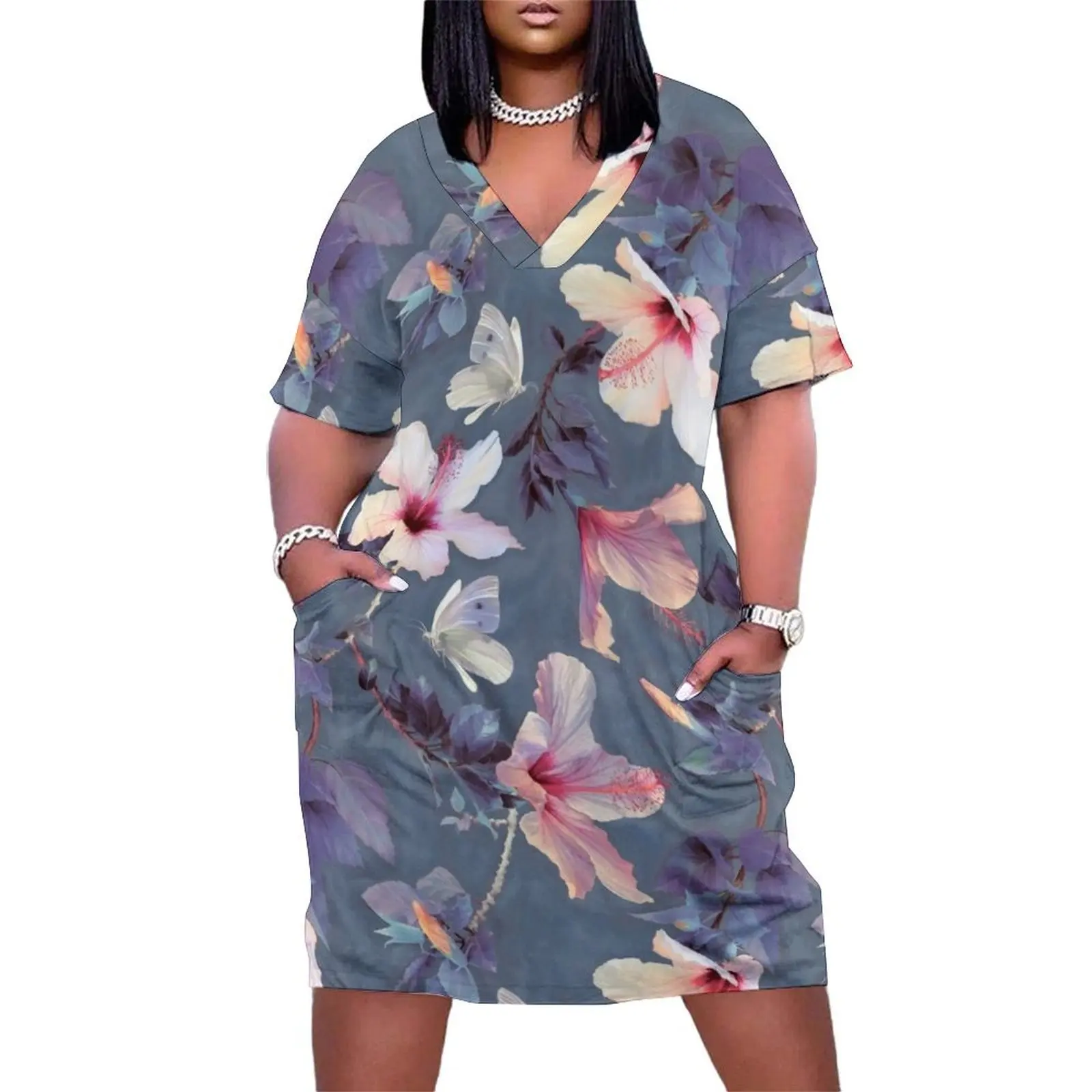 

Butterflies and Hibiscus Flowers - a painted pattern Loose Pocket Dress dresses for womens 2024