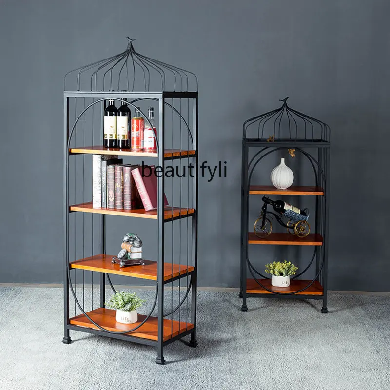 

yj American Country Retro Iron Art Solid Wood Storage Rack Bird Cage Floor Living Room Bookshelf Storage Rack