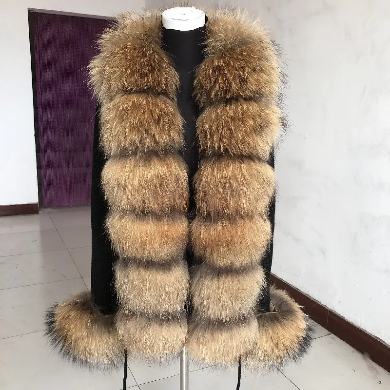 Women's Real Fox Fur Cardigan Jacket Spring And Autumn With And Real Fashion Fox Fur Collar Women Raccoon Fur Cardigan Jacket