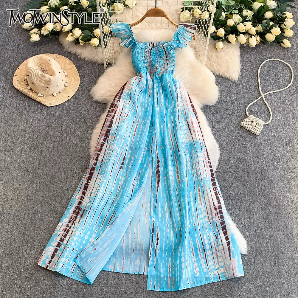 TWOTWINSTYLE Beach Style Slim Print Dresses For Women Square Collar Short Sleeve High Waist Sweet Long Dress Female KDR557724