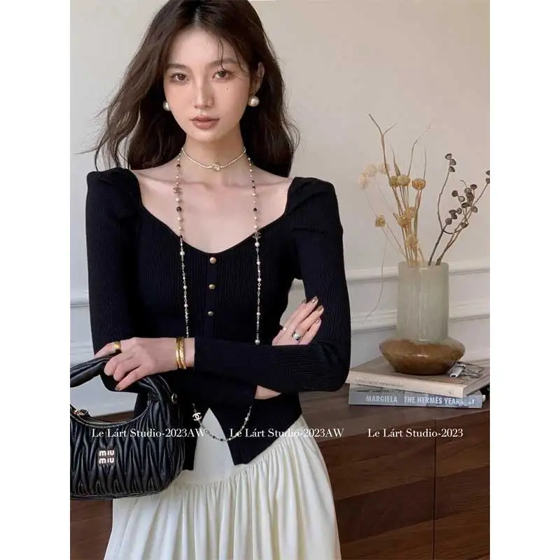 

Женская одежда, весенне-осенняя мода, простота, тренд, винтовая резьба, однотонные женские вязаные универсальные топы с v-образным вырезом и длинными рукавами