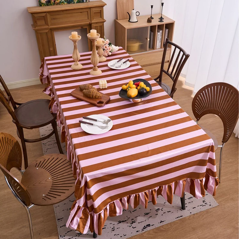 American Contrast Striped Tablecloth Country Vintage Flannel Table Cover for Hotel Home Soft Dustproof Placemat with Flounces