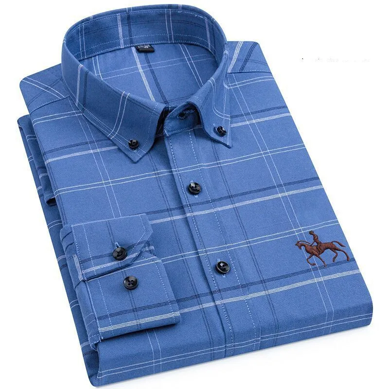 Qualität 100% Baumwolle Oxford Shirts Männer Langarm Bestickt Pferd Casual Ohne Tasche Solide Gelb Social Koreanische Shirt 5XL