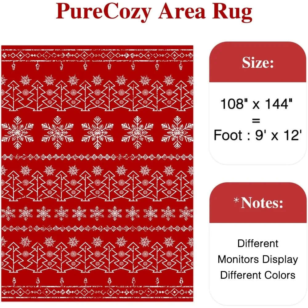 9x12 red washable living room carpet, Christmas snow holiday decoration indoor bedroom carpet, non-slip soft low pile