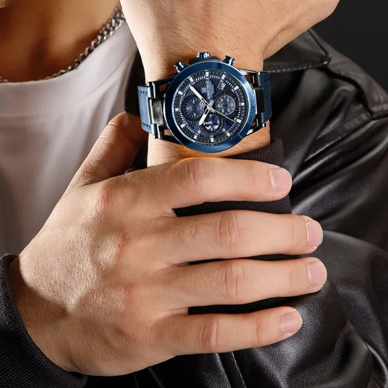 

NAVIFORCE 8073 мужские кварцевые военные часы с кожаным ремешком, хронограф, спортивные часы, водонепроницаемые наручные часы, подарок для мужчин, часы