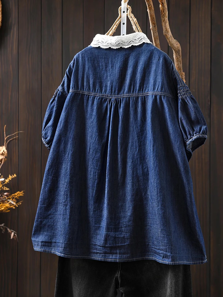 Frauen Casual Baumwolle Denim Hemd Neue Ankunft 2025, Sommer Vintage Stil Spitze Kragen Lose Weibliche Kurzarm Tops Shirts M1460