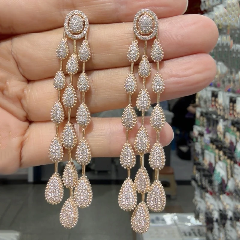 Luxury Teardrop Pink CZ Long Earrings Sparkly Cubic Zirconia Tassel Dangle Earrings Elegant Bridal Evening Banquet Accessories