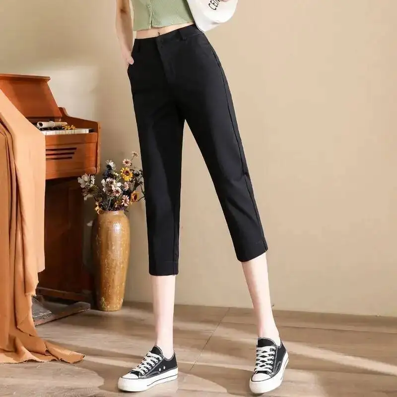 Korean Fashion Women's Capris Summer Slim Fit Short Pants Thin Professional Side Slit Calf-Length Pants Casual Office Lady Pants