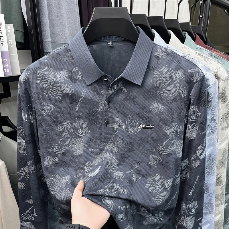 Herren-Polohemd mit abstraktem Blattmuster, langen Ärmeln, umgeschlagenem Kragen, atmungsaktivem, glattem Stoff, für den täglichen, lässigen Gebrauch. – Detail 12