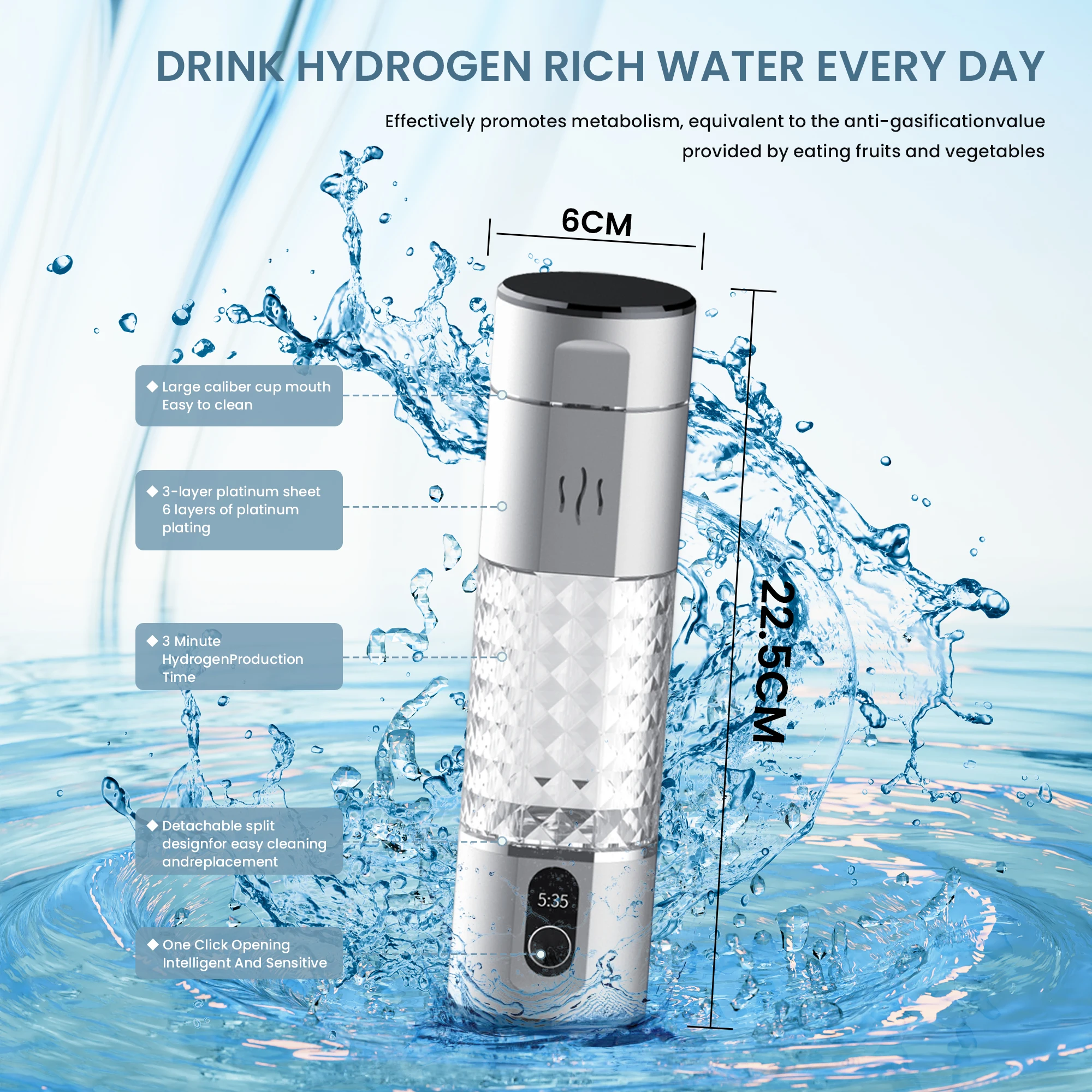 hydrogen water bottle 5000+ppb SPE/PEM hydroegn water flask rechargeable hydrogen water ionizer inhalation generator