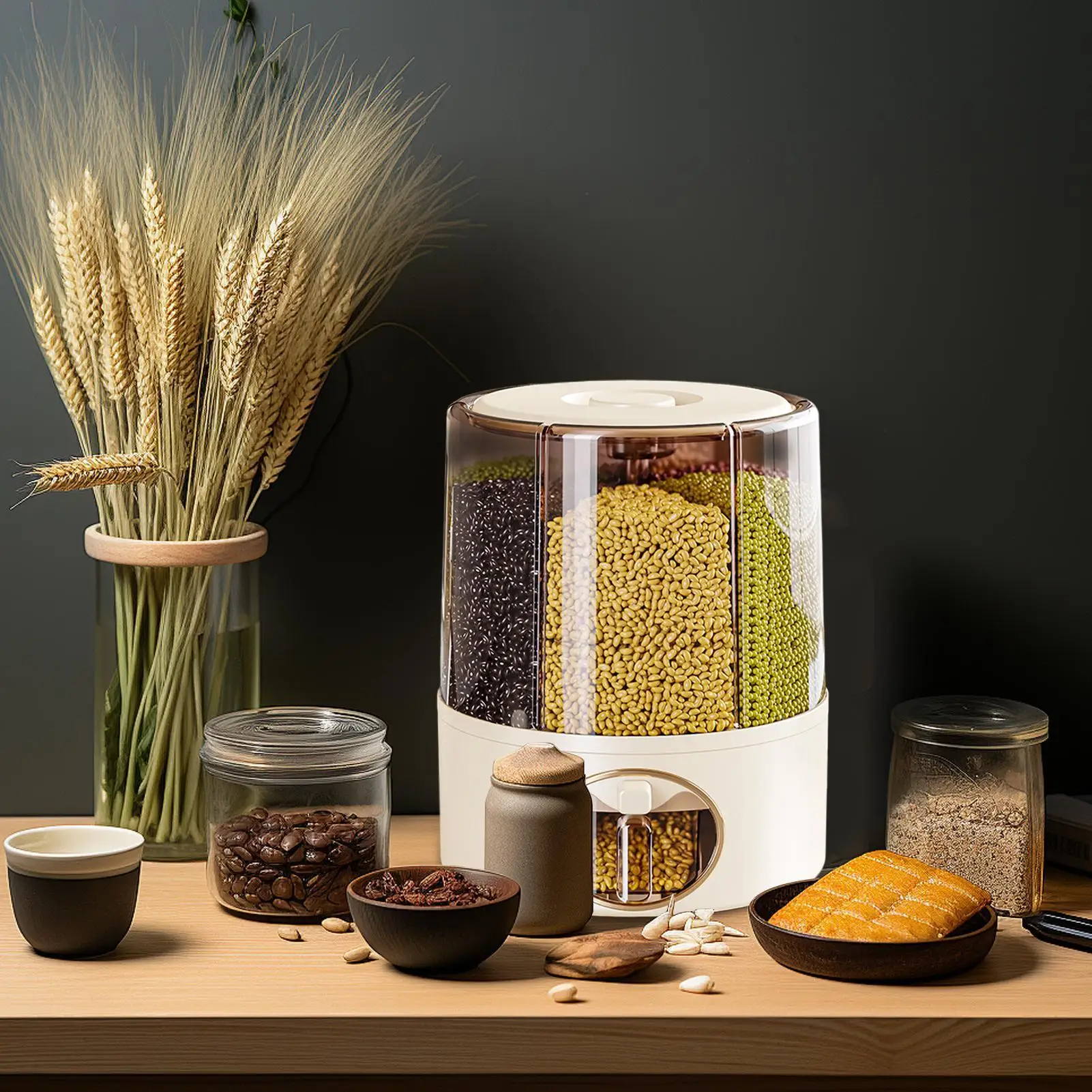 Dispenser Beras Ember Beras Dapat Diputar Barel Kedap Udara Aman untuk Makanan dengan Pemisah Anti Agas Anti Kelembapan untuk Dapur Restoran