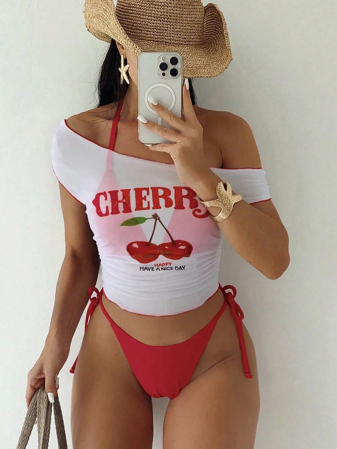 

Cherry Print 3-Piece Swimwear Set: Halter Bikini Top, Mesh Cover-Up, Sexy Beach Vacation Outfit