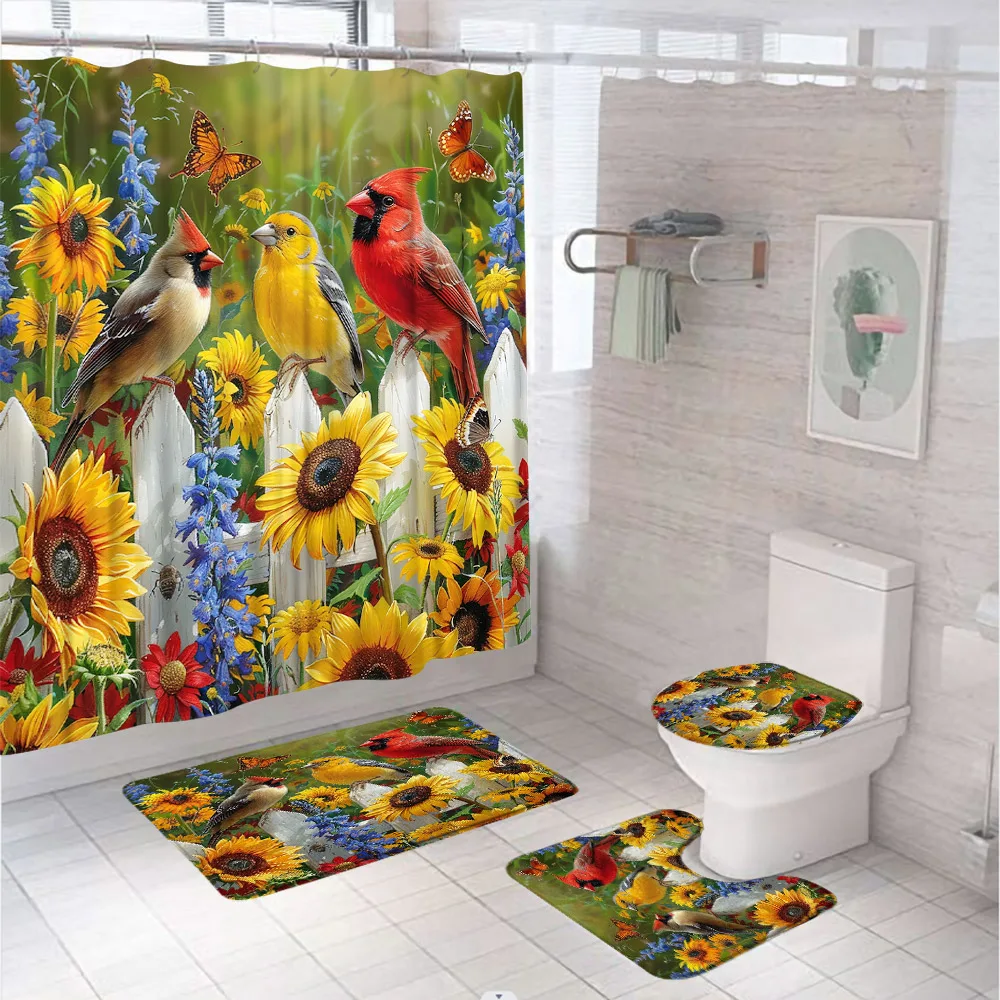 Watercolour Flower Bird Shower Curtain Set With Rug Asian Animal Scenery Waterfall Branches Bathroom Decor Bath Mat Toilet Cover