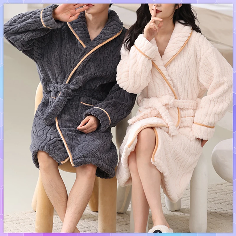 

Winter Solid Home Kimono Robe Women's Dressing Gown Bathrobe For Men's Bathrobe Fleece Plush Warm Long Robes Fleece Nightgown