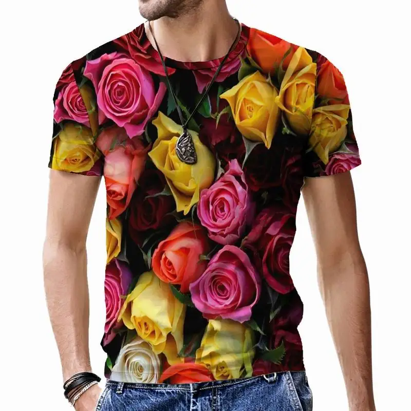 Plant Rose Men's T-shirts Oversized Harajuku 3D Print Tops Style Breathable O-Neck Cool Fashion Short Sleeve Tees Funny Male