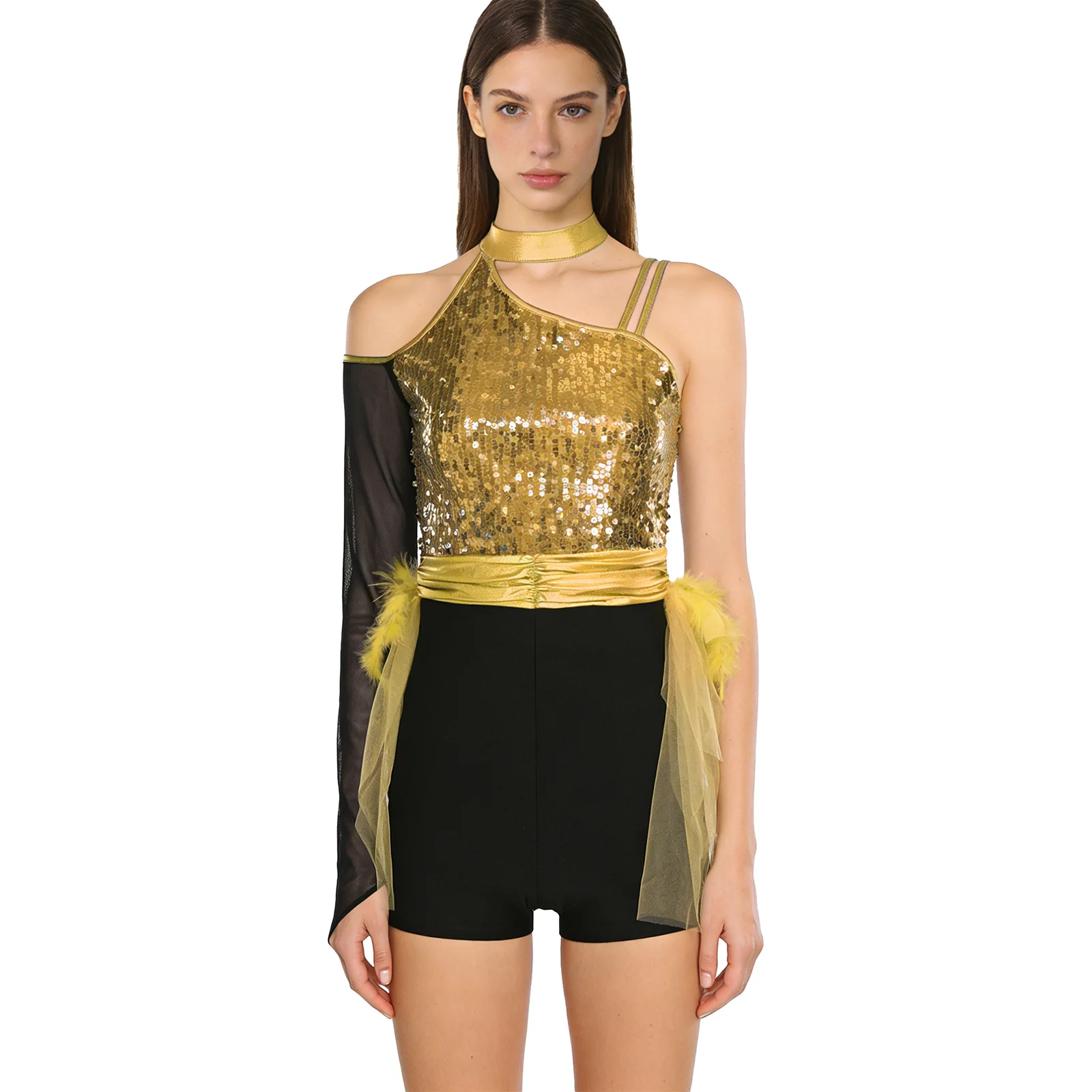 

Womens Spanish Dance Jumpsuit One Shoulder Long Sleeve Shiny Sequin Feather Tiered Tulle Rompers Bodysuit for Latin Chacha Jazz