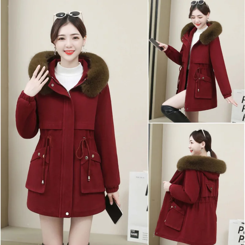 2023 New Women Cotton Coat Winter Jacket Female Plush Thick Parkas Mid Length Version Outwear Artificial Fur Collar Overcoat