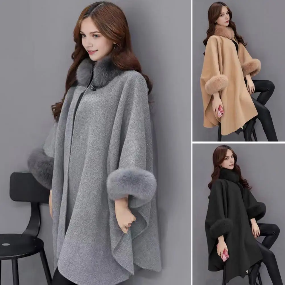 Wool Poncho Jacket Stylish Winter Cape Coat with Dolman Sleeves Faux Fur Decor for Women Warm Shawl Poncho for Wear Outdoor Work