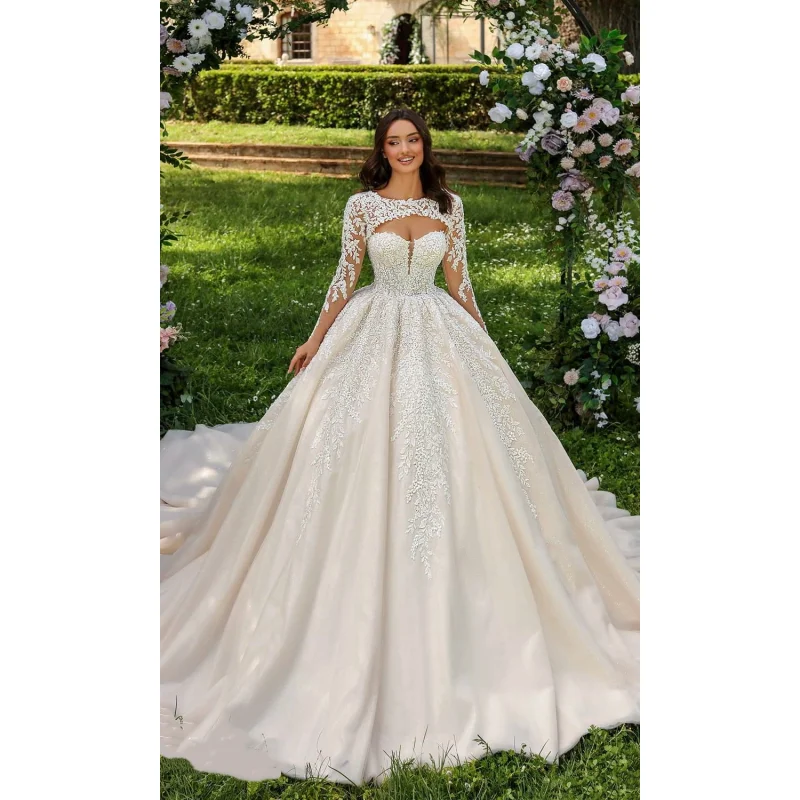 Customized New Women's Champagne Colored Palace Style Lace Dress With Large Skirt Long Tail Long Sleeved Satin Wedding Dress