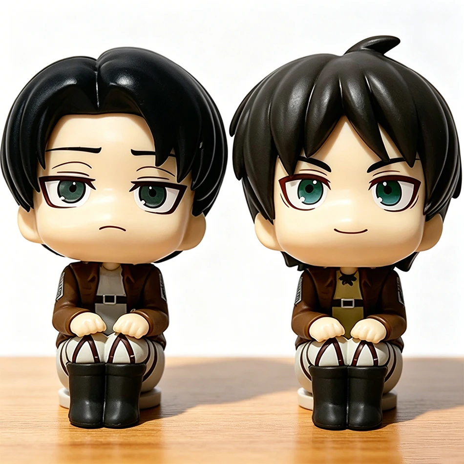 2 Stück Anime Attack On Titan Figuren Q Edition Sitzende Puppen Levi Eren Mini PVC-Modell Desktop-Ornament Geburtstags-Weihnachtsgeschenk