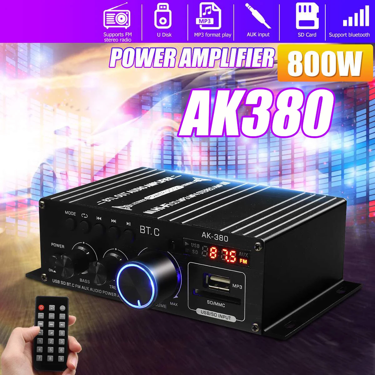 AK35 AK380 800W Home Digital Amplifier Audio 110-240V Bass Audio Power bluetooth Amplifier Hifi FM Auto Music Subwoofer Speakers