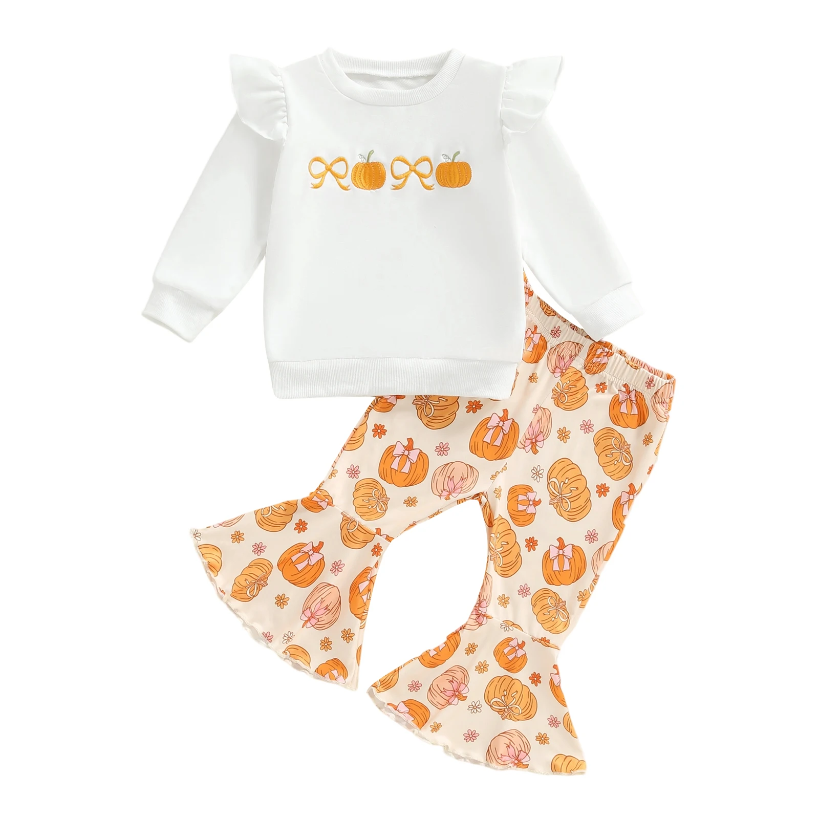

Toddler Girl Halloween Outfits Long Sleeve Round Neck Pullover Pumpkin Print Flare Pants 2 Pcs Set